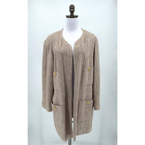 Chanel Vintage Beige Tweed Cotton Wool Blend 4 Pocket Open Long Jacket FR 46 XL